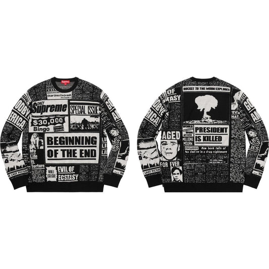 Sudadera negra FW18 Supreme Newsprint Talla M mediana suéter de lana merino de periódico