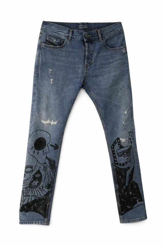 DIESEL Black Gold Graffity Print Jeans Denim Blue Size 30 W30 L30