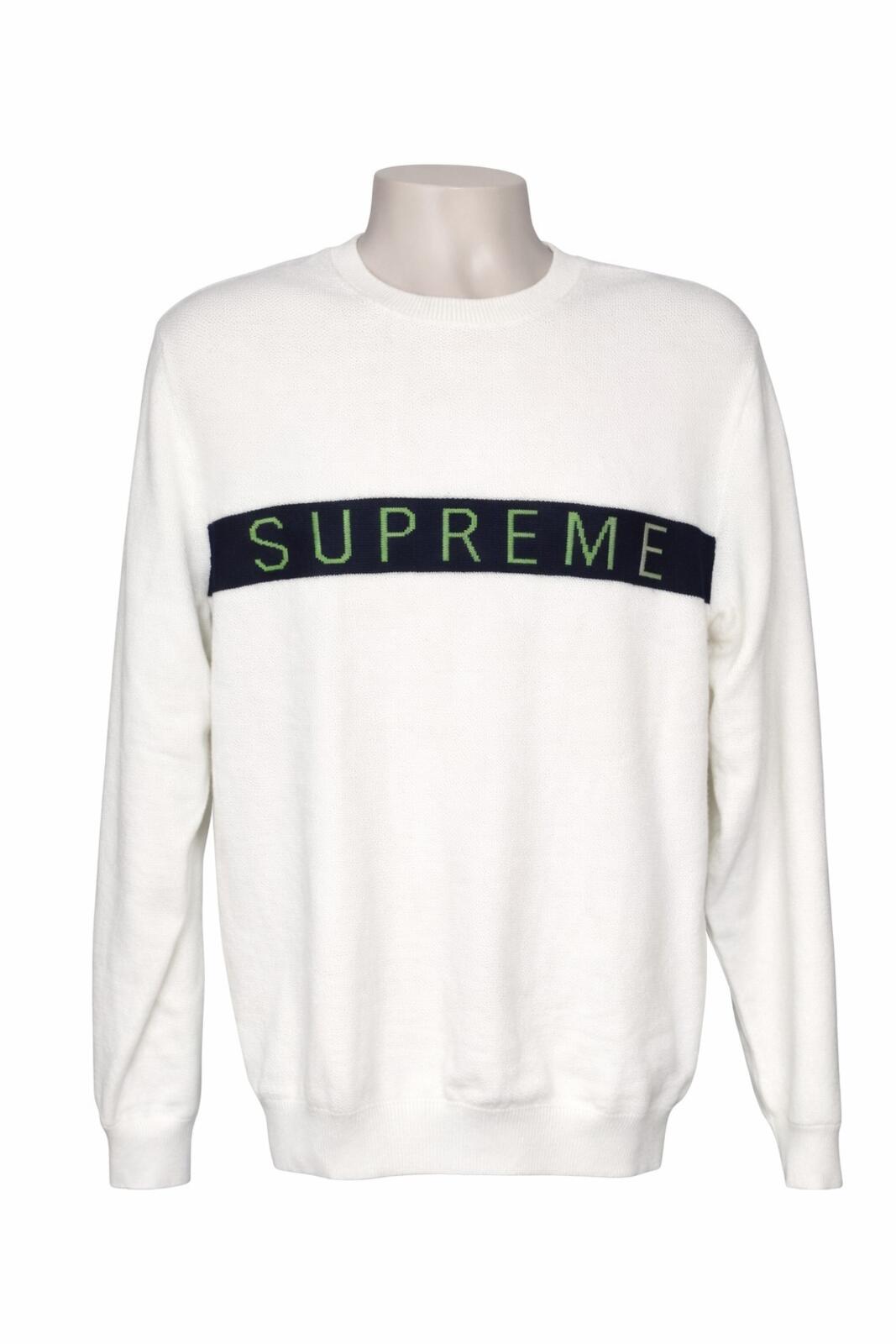FW16 Supreme Logo Stripe Pique Crewneck White Size M
