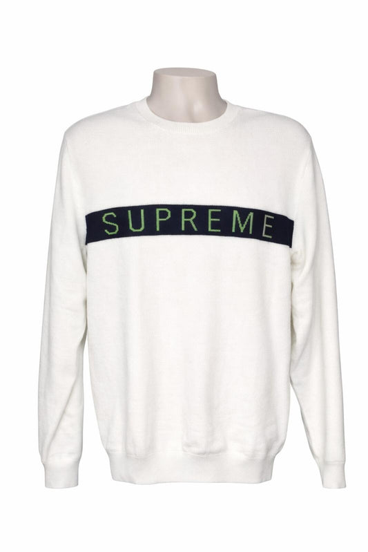 FW16 Supreme Logo Stripe Pique Crewneck Blanco Talla M