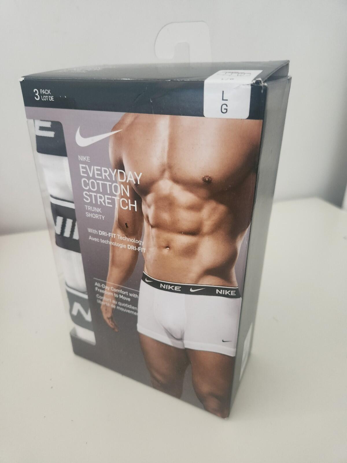 NIKE Lote de 3 bóxers de algodón elástico de corte normal, color blanco, talla L. Ropa interior Dri-FIT.