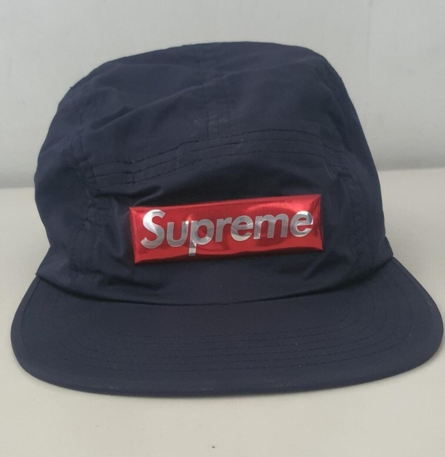 FW17 Supreme Liquid Metal Logo Camp Cap Navy