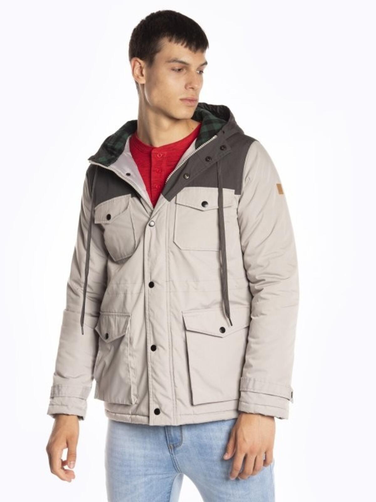GATE Mens Light Grey Hooded Field Jacket Parka Multi Pocket Button Up Coat M