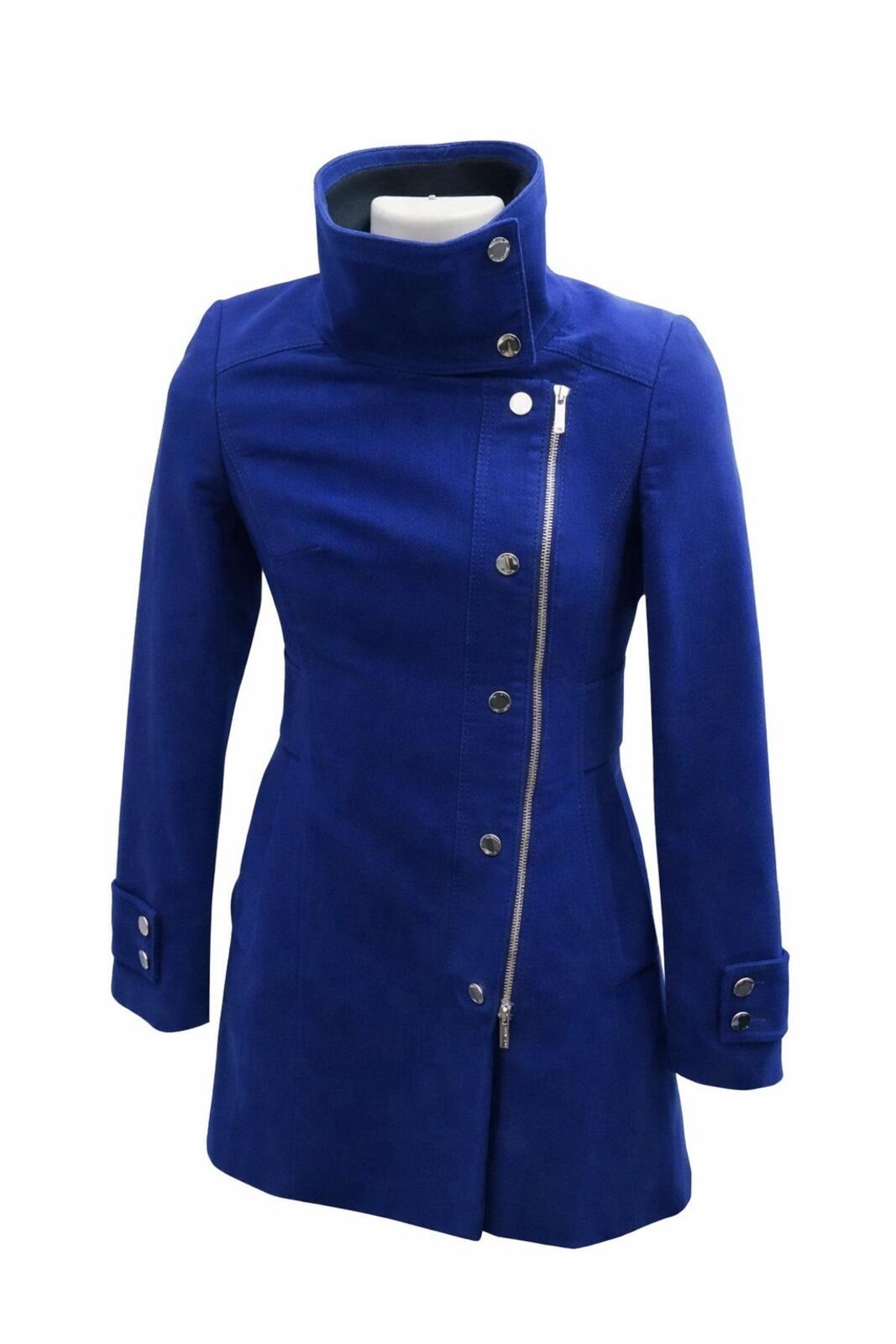 KAREN MILLEN Moleskin Mantel mit silbernen Metallapplikationen, Blau, Größe DE 36, UVP £210