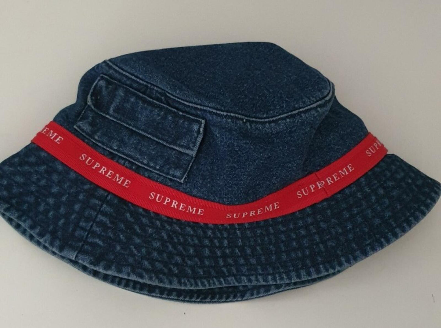 FW19 Supreme Jacquard Logo Taping crusher S/M Pocket bucket hat blue denim