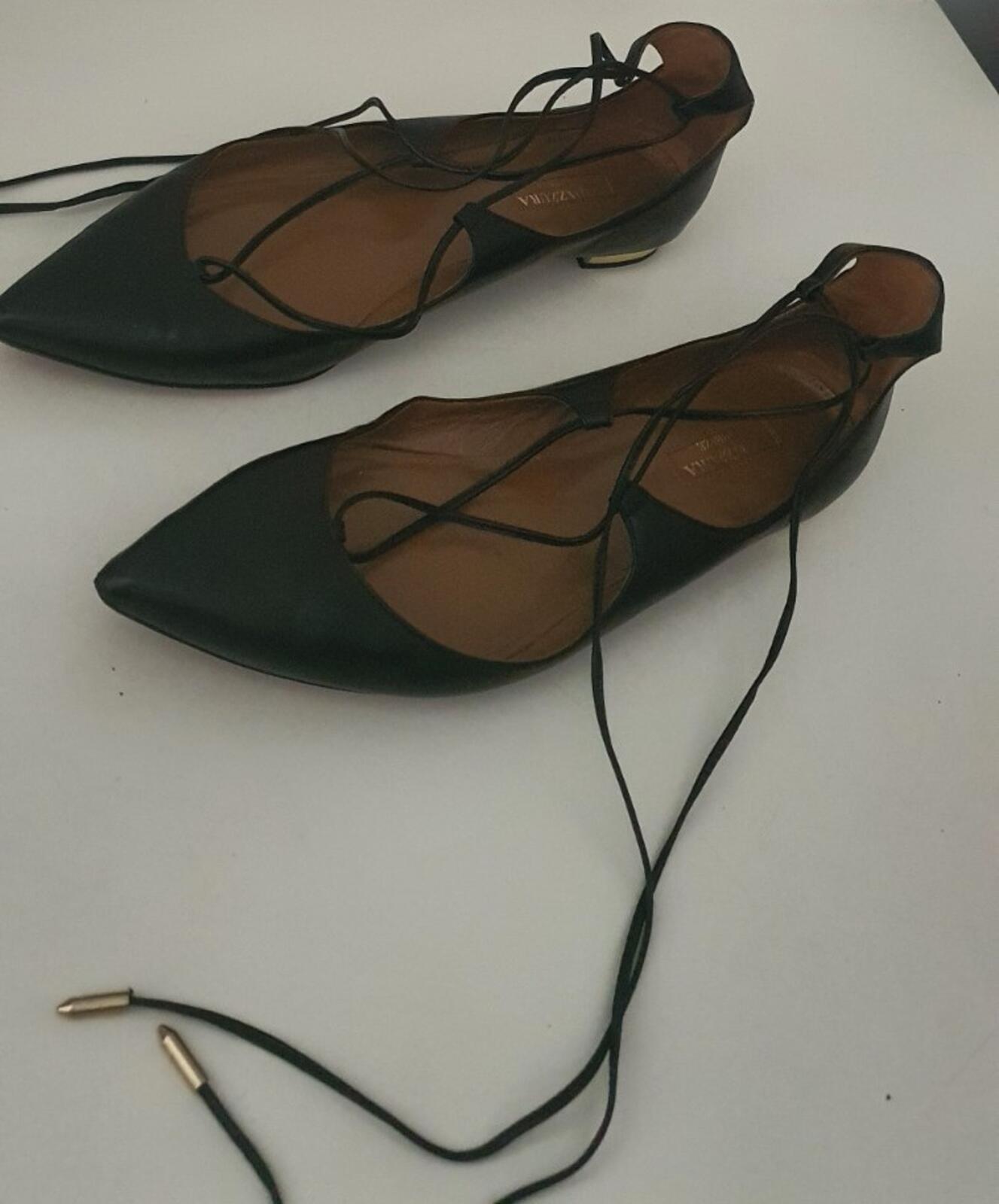 £415 AQUAZZURA Black Leather Christy Flat Pointed Toe Sandals Ballet EU 38 UK 5