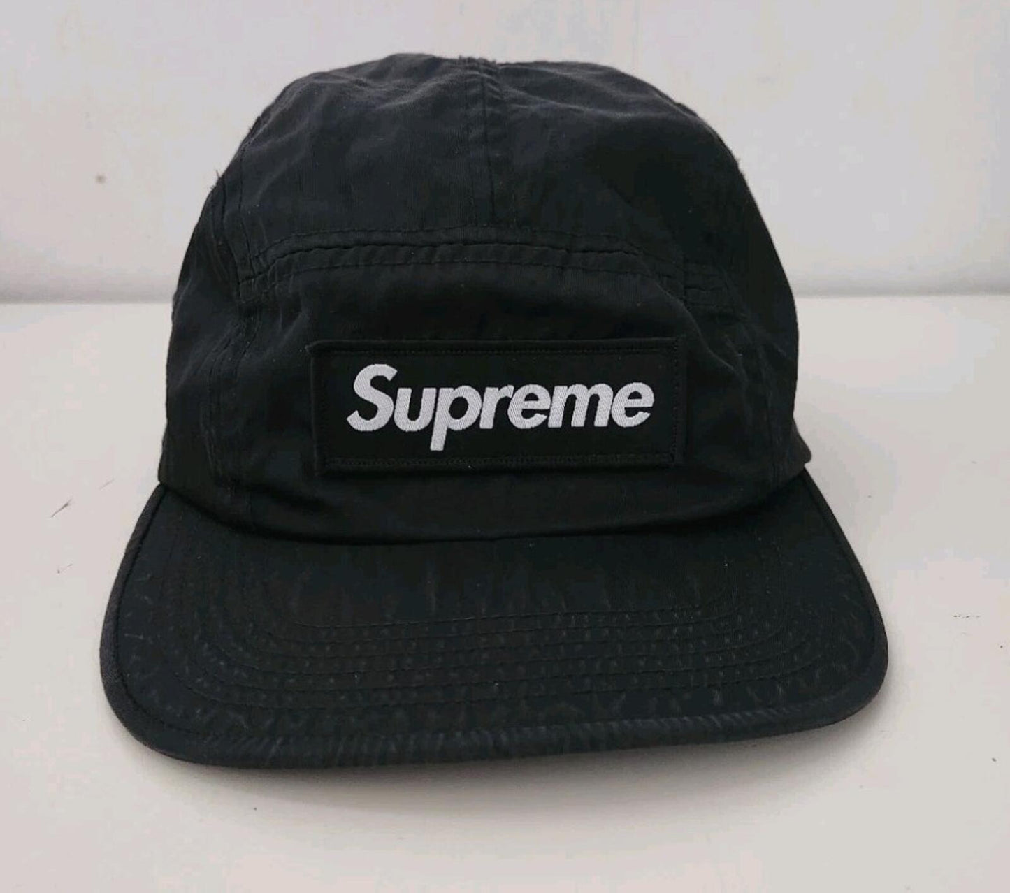 FW17 Supreme Washed Nylon Camp Cap Hat Black Box Logo Military