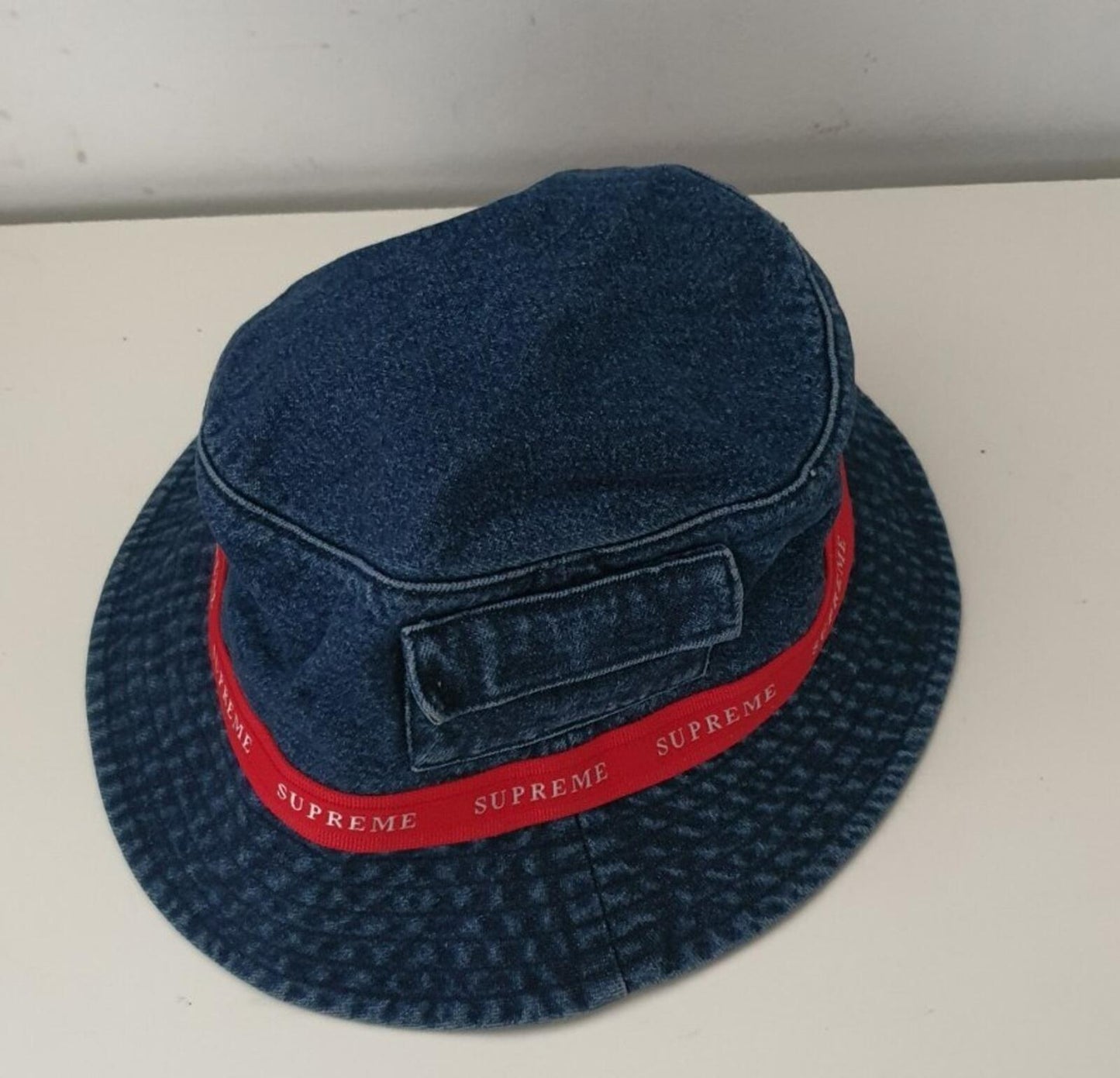 FW19 Supreme Jacquard Logo Taping crusher S/M Pocket bucket hat blue denim
