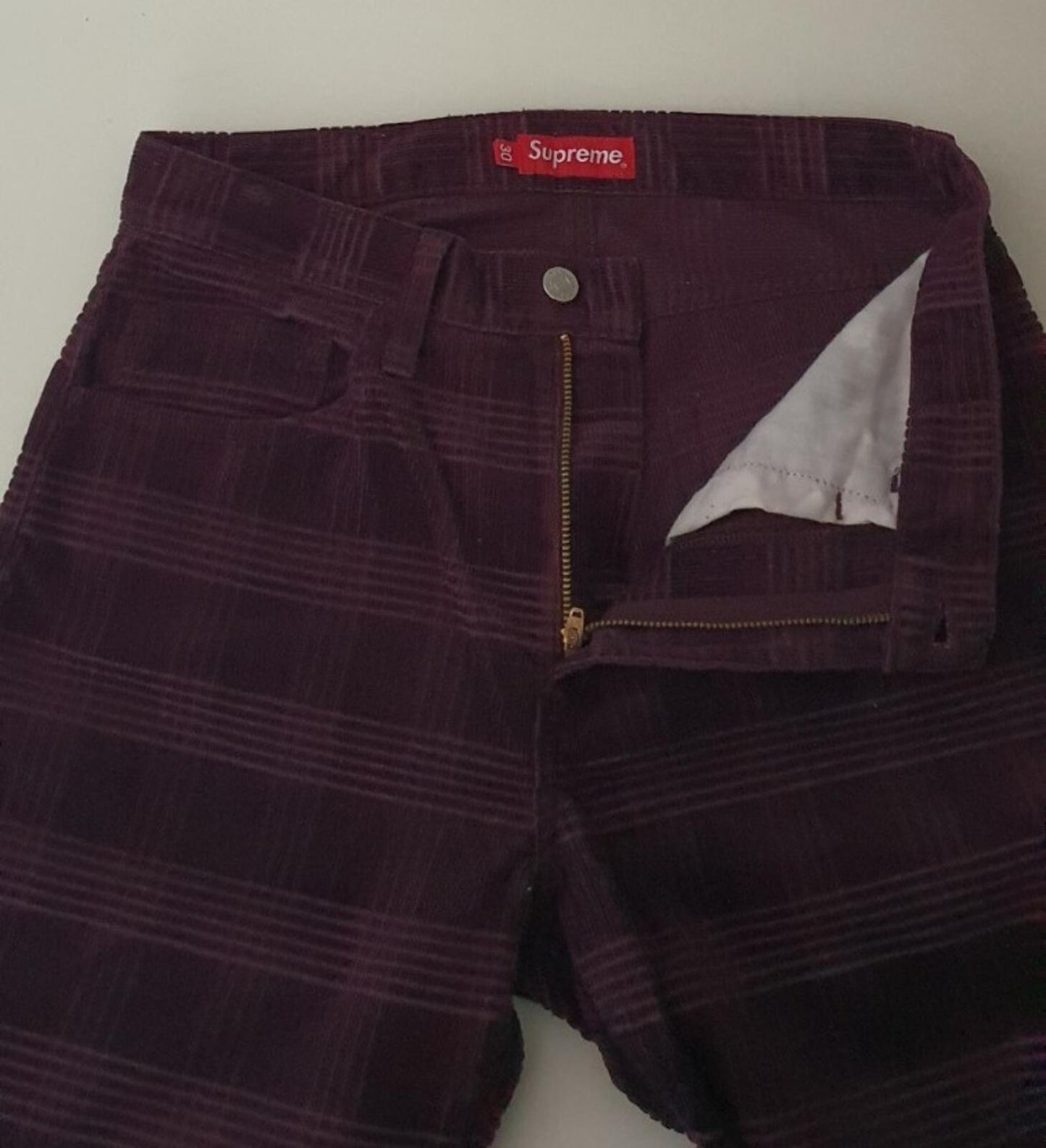 FW14 Supreme Plaid Cord 5 Pocket Pant Burgundy Size 30 W30 L30