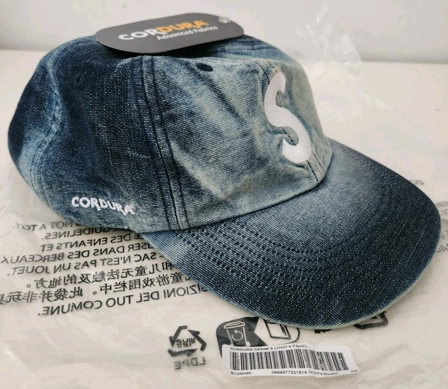 SS24 Supreme Cordura Denim S Logo 6-Panel Cap Bleached Indigo