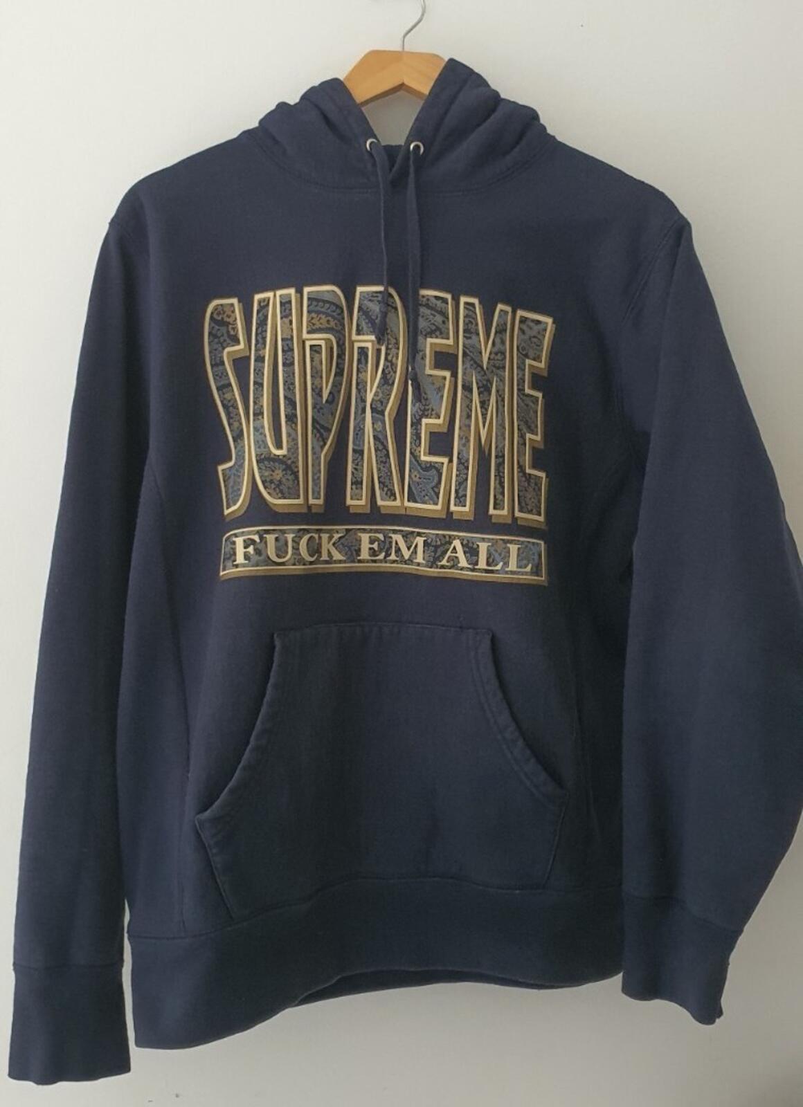 Sudadera con capucha FW17 Supreme FUC K EM ALL talla M mediana azul marino