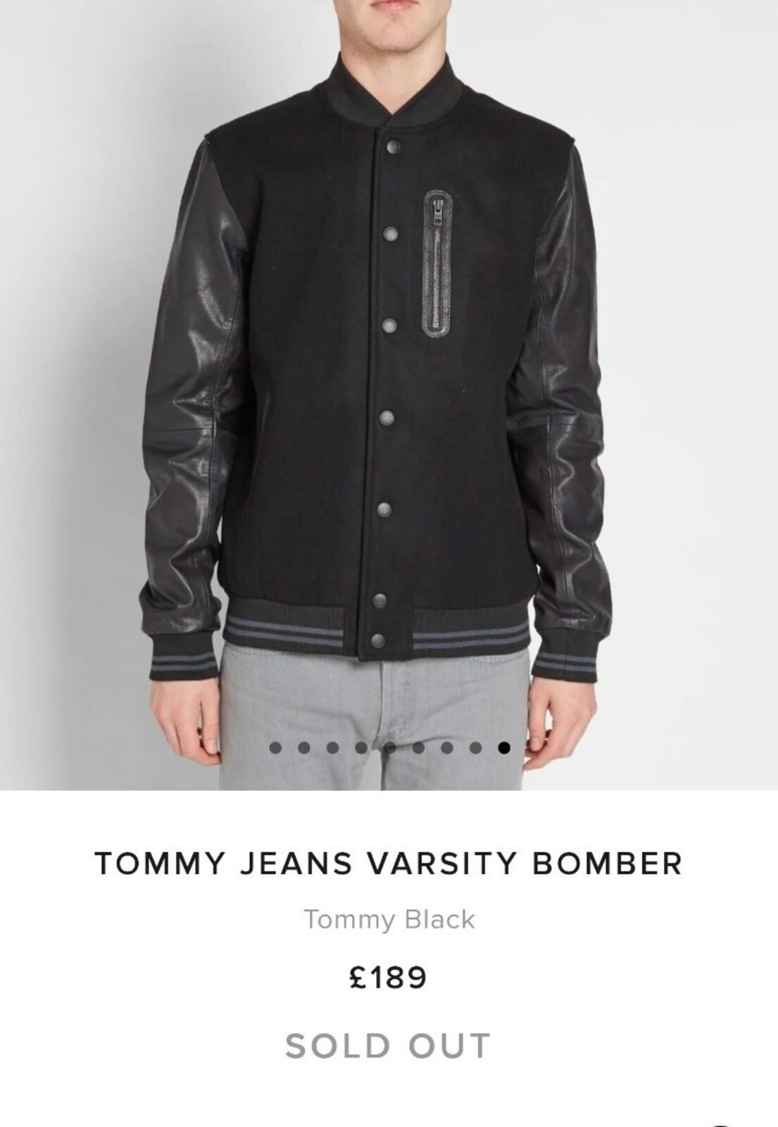 TOMMY JEANS £189 Varsity Wool Bomber Goat Leather Sleeves Black Jacket Hilfiger
