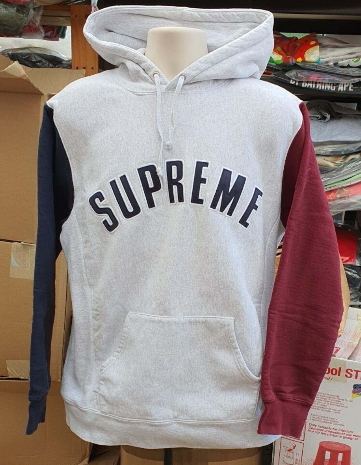 FW16 Supreme Color Blocked Arc Logo Kapuzenpullover Grau Größe XL