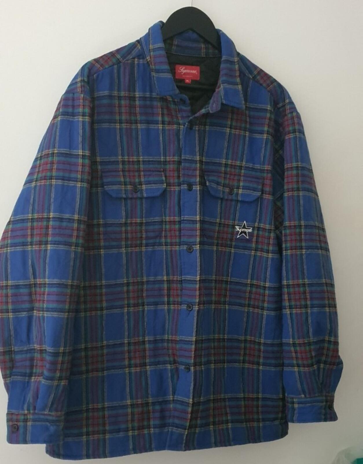 FW21 Supreme Quilted Plaid Flannel Shirt Blue Size XL