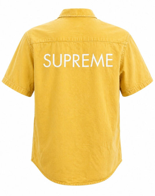 Camisa de mezclilla de manga corta SS15 Supreme Classic Logo amarilla, talla M