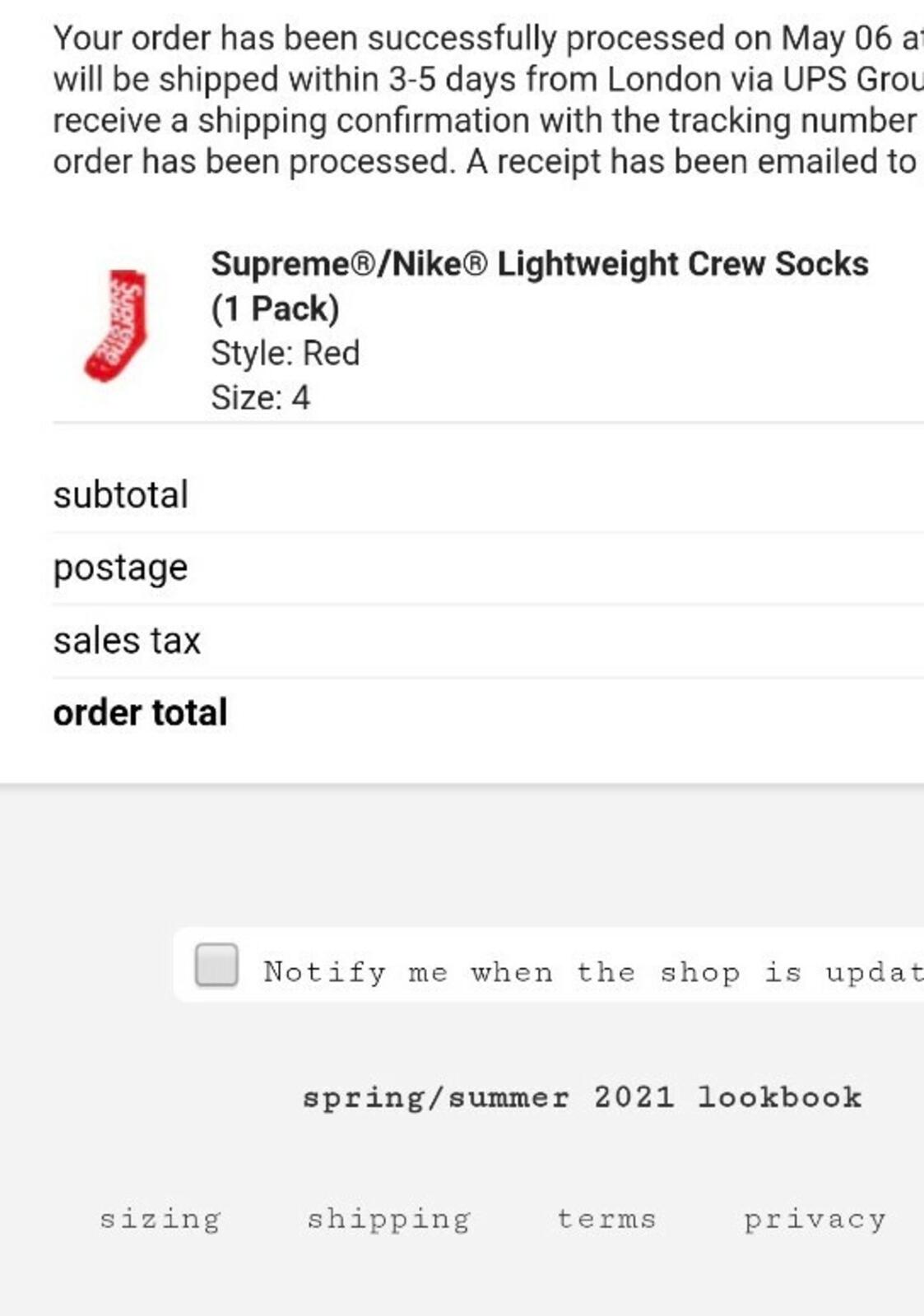 SS21 Supreme Nike Lightweight Crew Socks Size 4 EUR 44-45.5 UK 9-10.5 red 1 pack