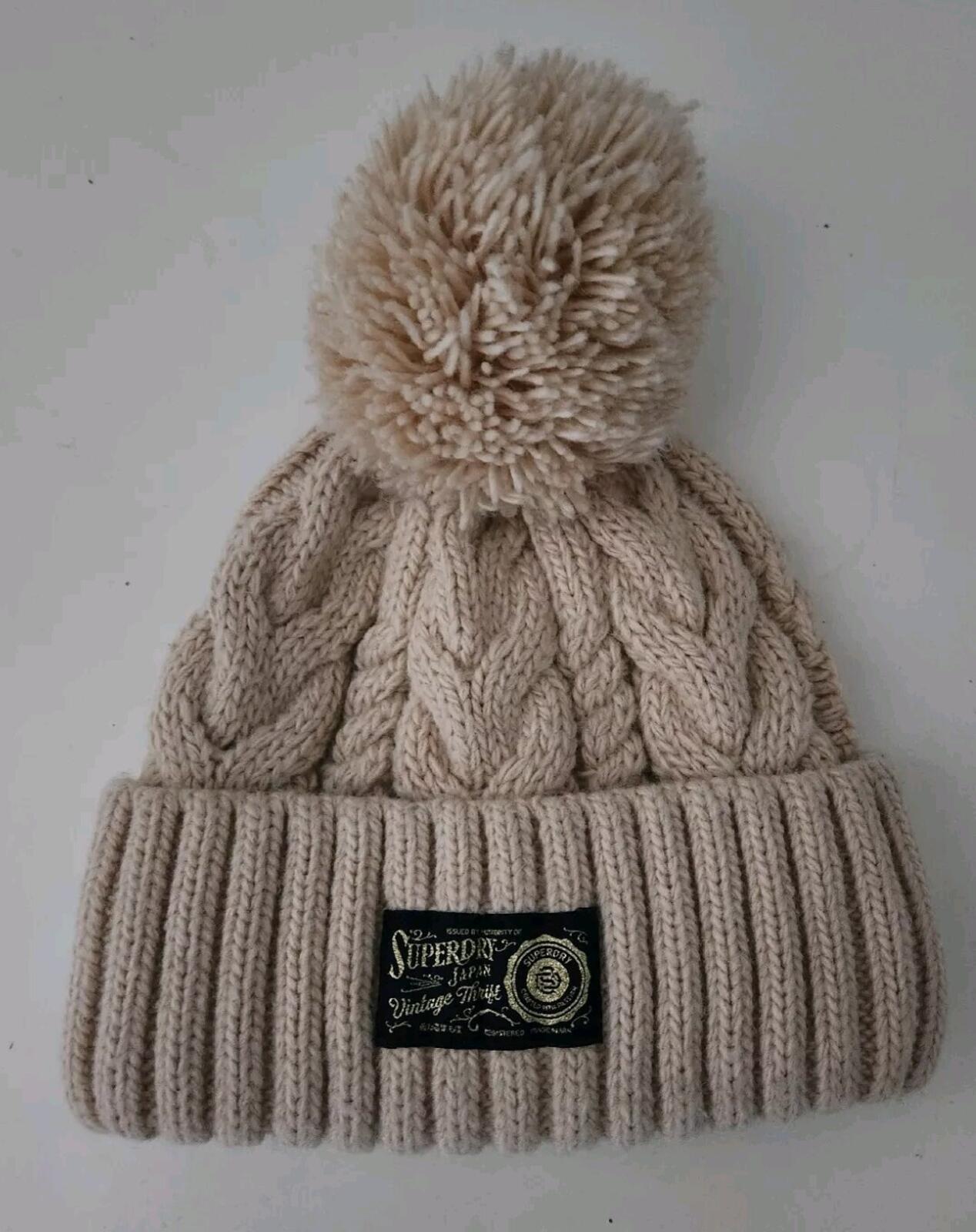 SUPERDRY Chunky Cable Beanie Hat Island Ecru Women's Winter Beige Hat Wool