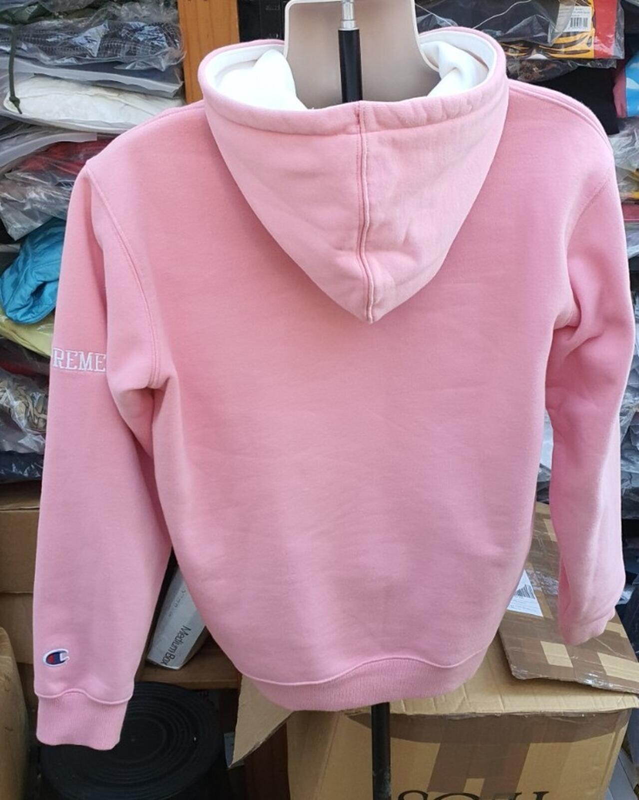 SS17 Supreme x Champion Satin Logo Hooded Sweatshirt Pink Size M