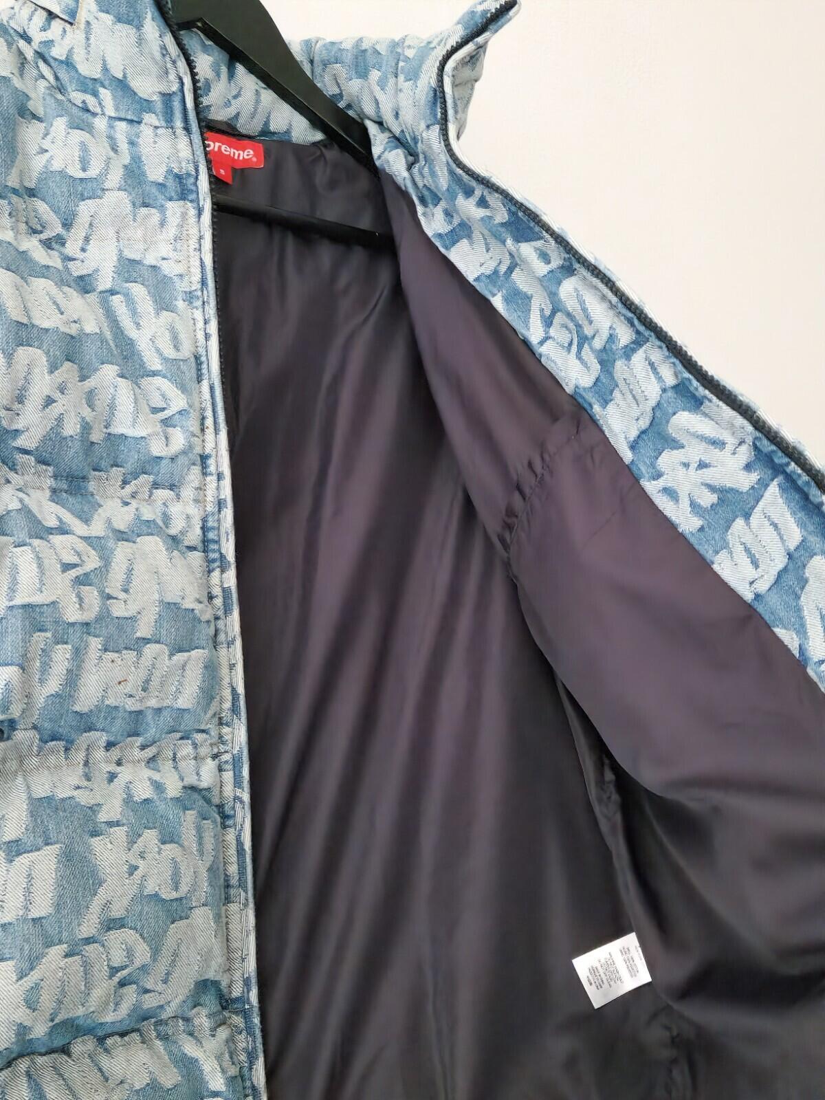 SS22 Supreme Fat Tip Jacquard Denim Puffer Jacket Blue Size S