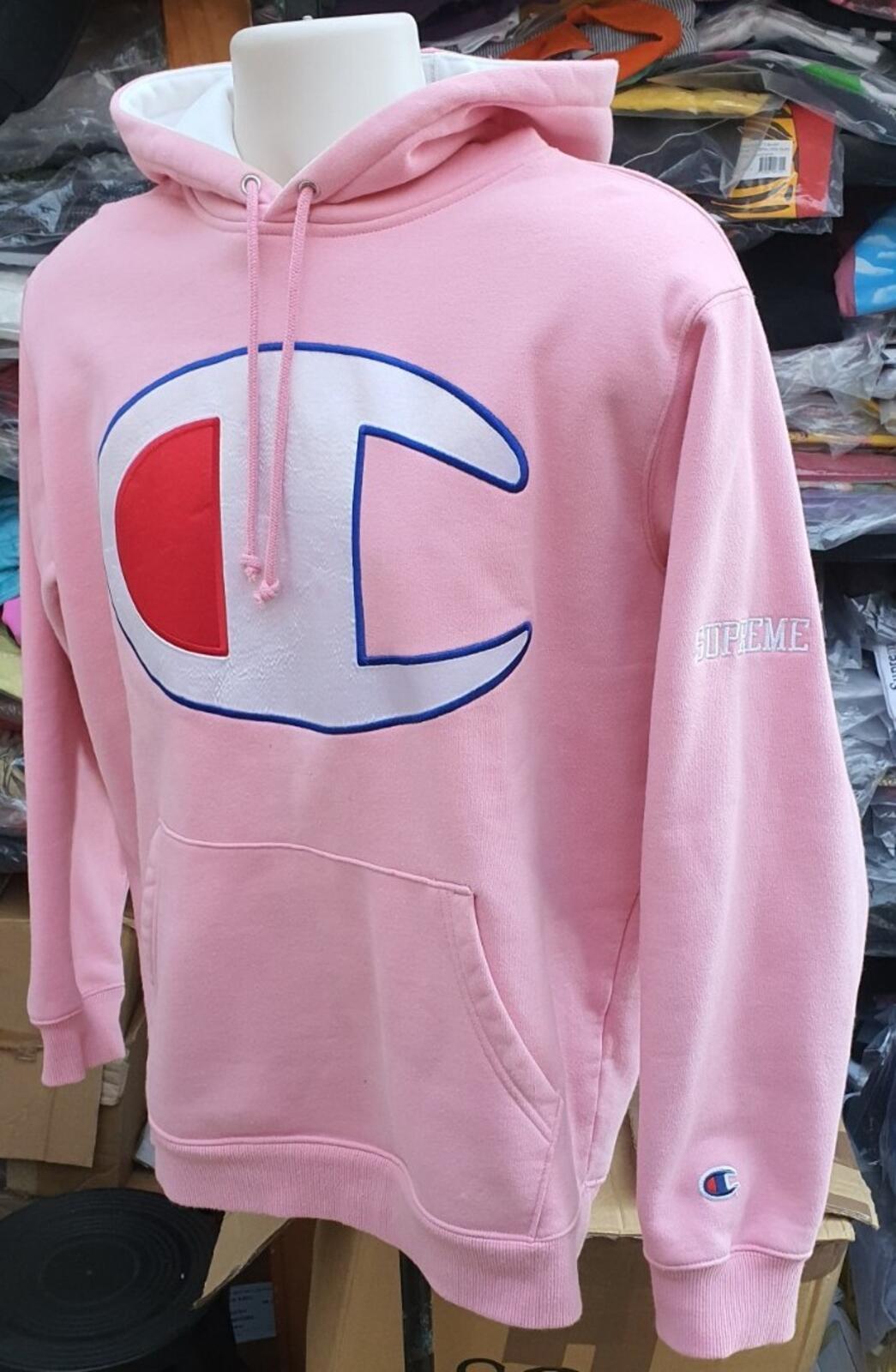 SS17 Supreme x Champion Satin Logo Hooded Sweatshirt Pink Size M