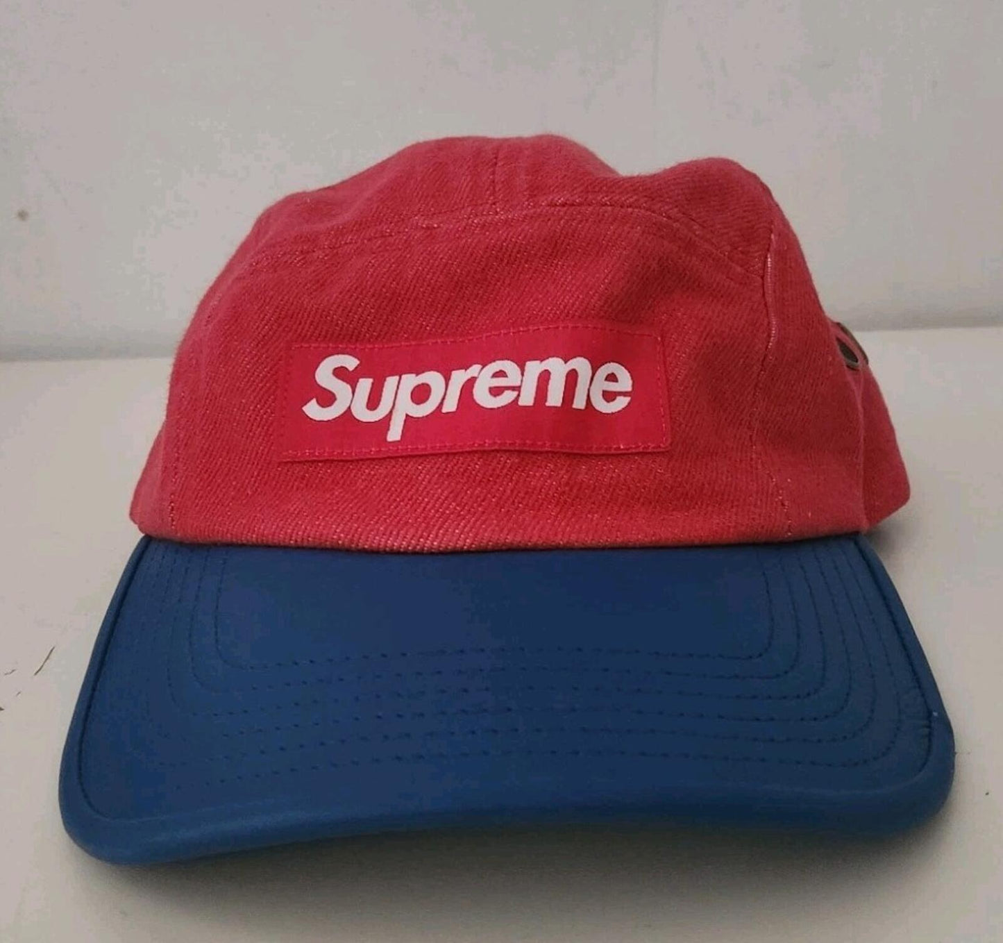 SS20 Supreme 2-Tone Denim Camp Cap Red Blue Hat Leather Visor Box Logo