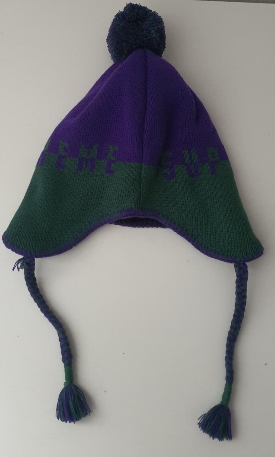 FW19 Supreme Split Logo Earflap Beanie Purple Green Hat