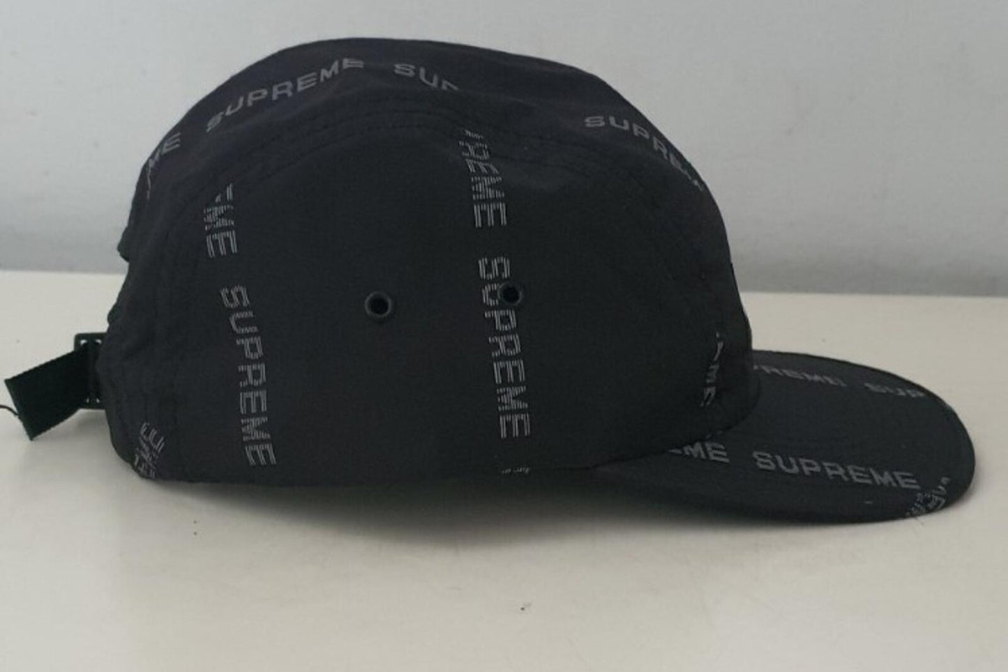 FW18 Supreme reflective text camp cap black hat water resistant jacquard logo