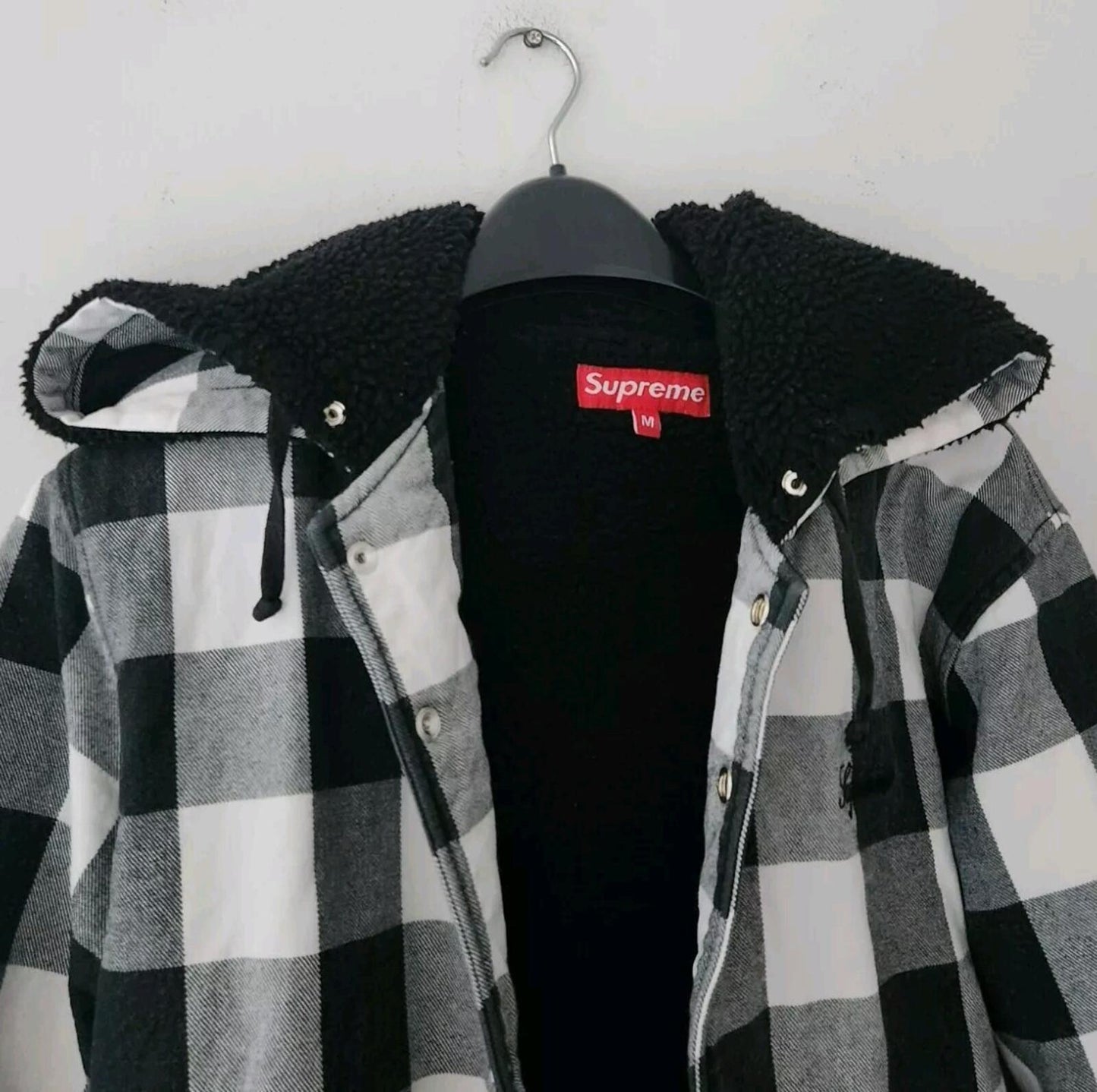 2005 Supreme Plaid Buffalo Jacket Thermal Lining Hooded Shirt Vintage Black M