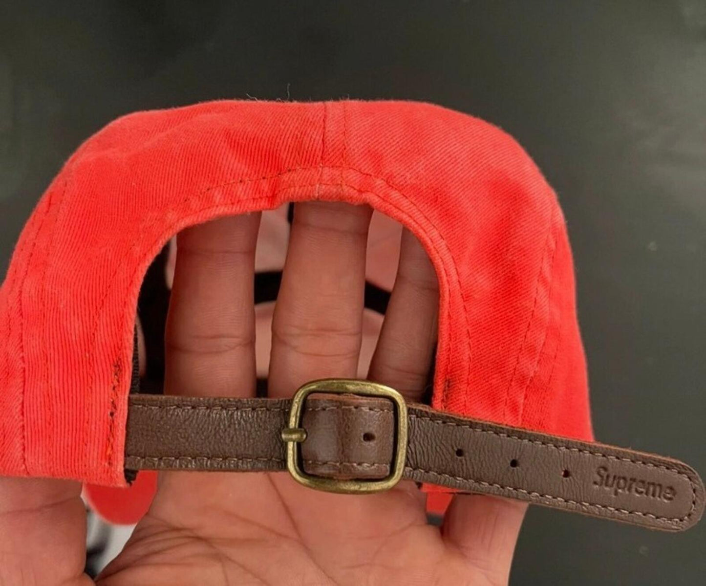 FW23 Supreme Washed Chino Twill Camp Cap Red Hat Leather Strap