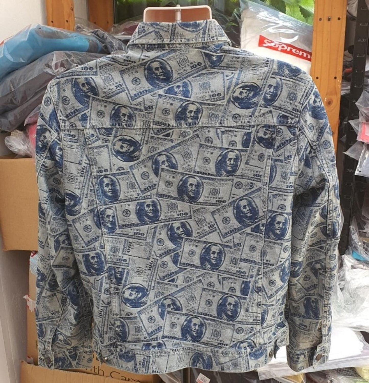 FW17 Supreme 100 Dollar Bill Denim Trucker Jacket Blue Größe MBenjamin Franklin
