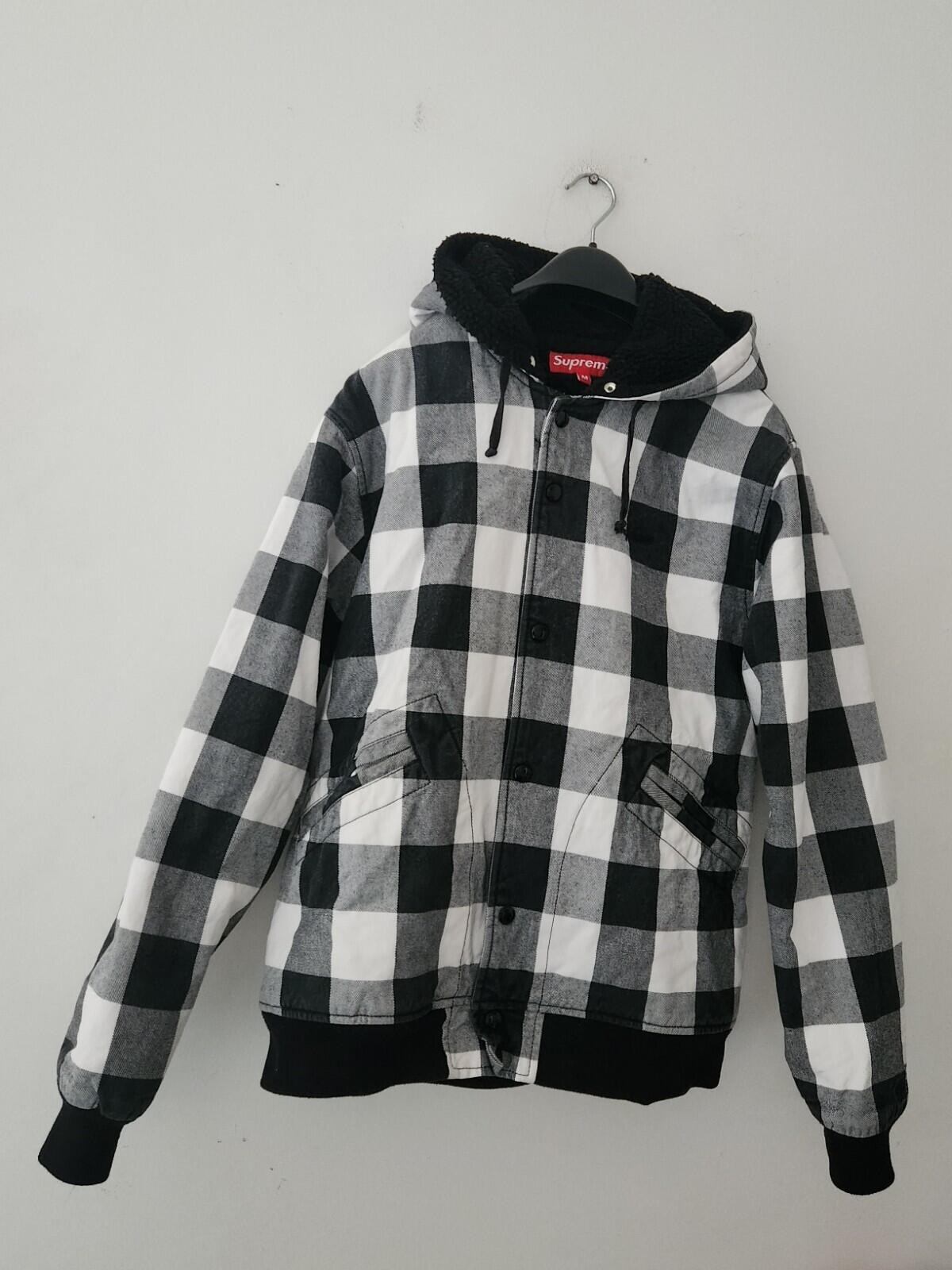 2005 Supreme Plaid Buffalo Jacket Thermal Lining Hooded Shirt Vintage Black M
