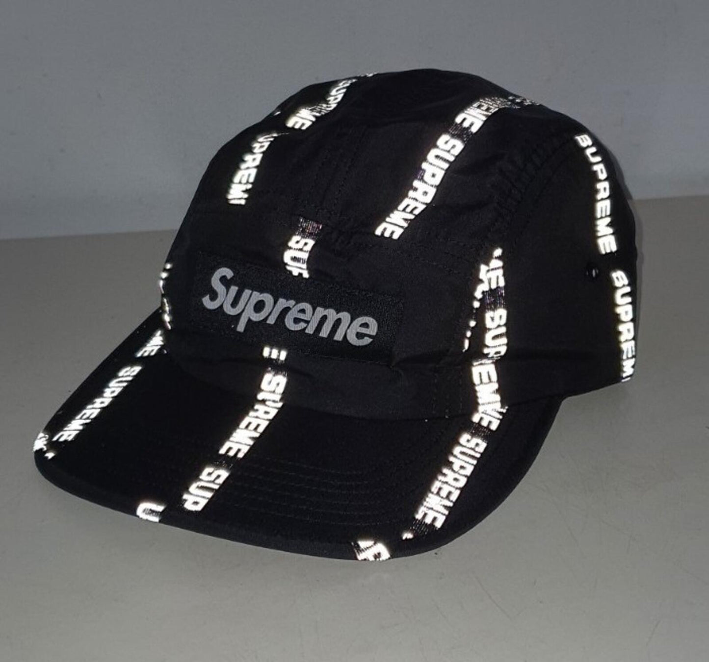 FW18 Supreme reflective text camp cap black hat water resistant jacquard logo