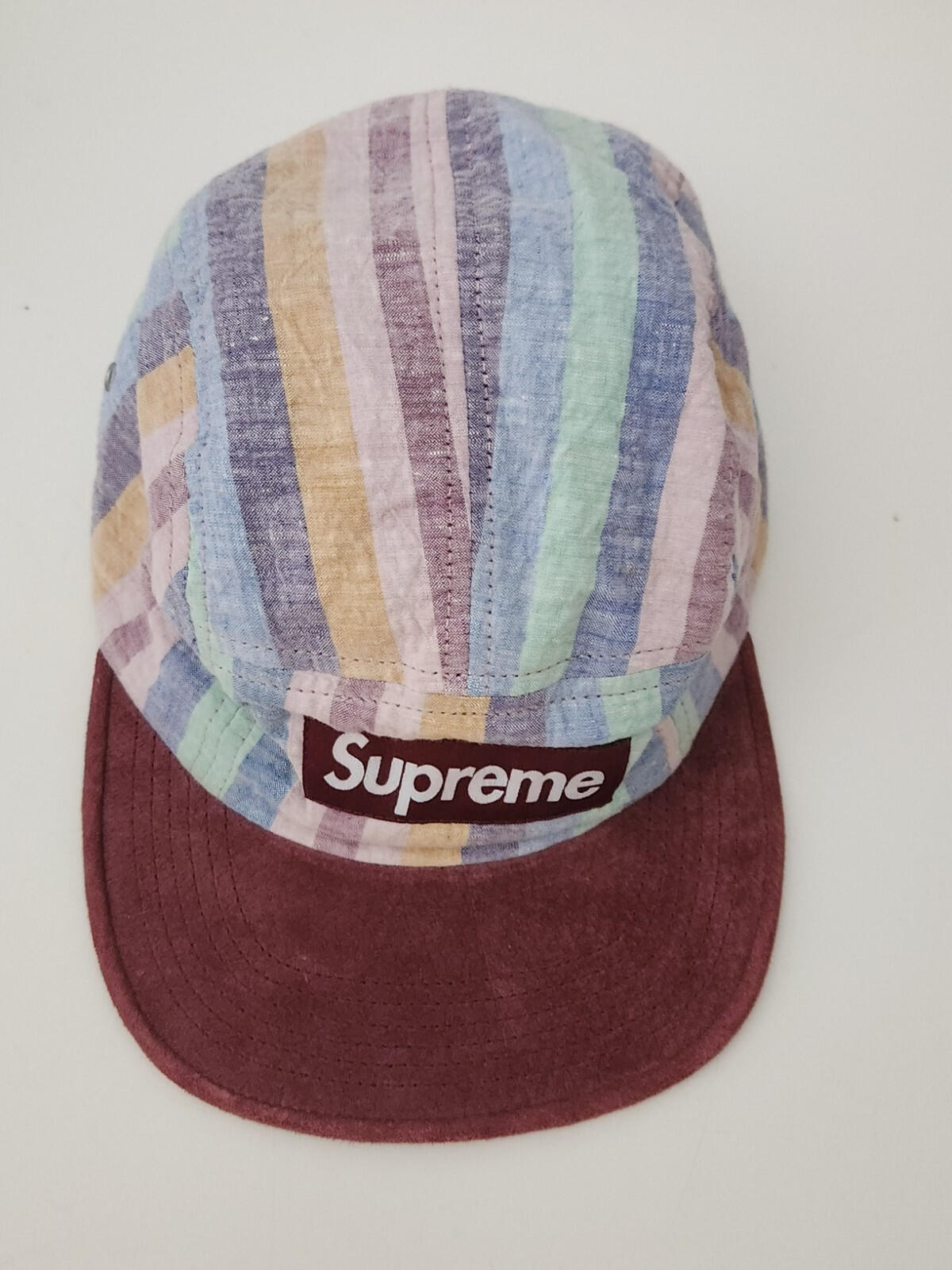 FW14 Supreme Striped Linen Suede Camp Cap 2014 Vintage