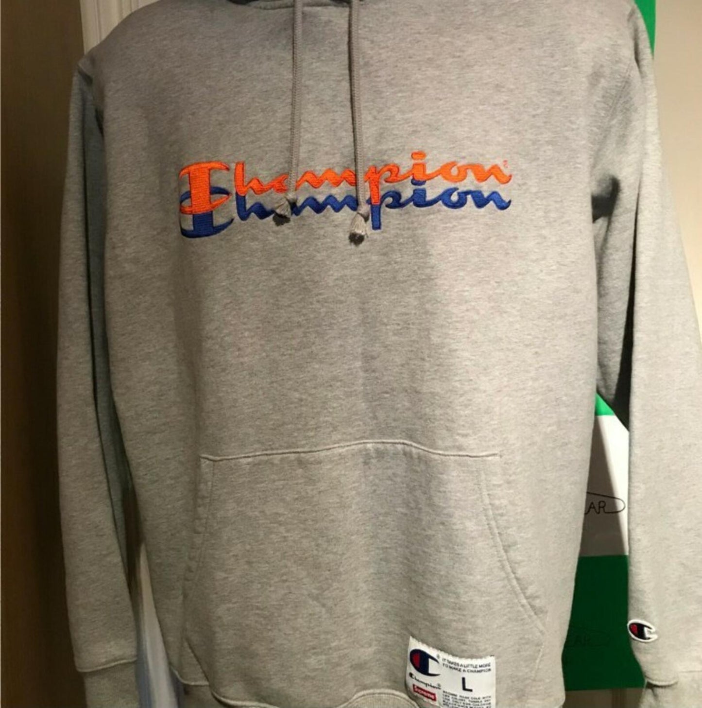 FW15 Supreme x Champion hooded sweatshirt size L large hoodie heather grey Rare