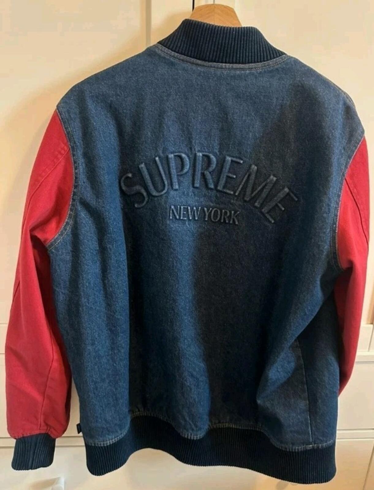 FW14 Supreme Denim Twill Varsity Jacket M Medium Vintage 2014 Flannel Lining