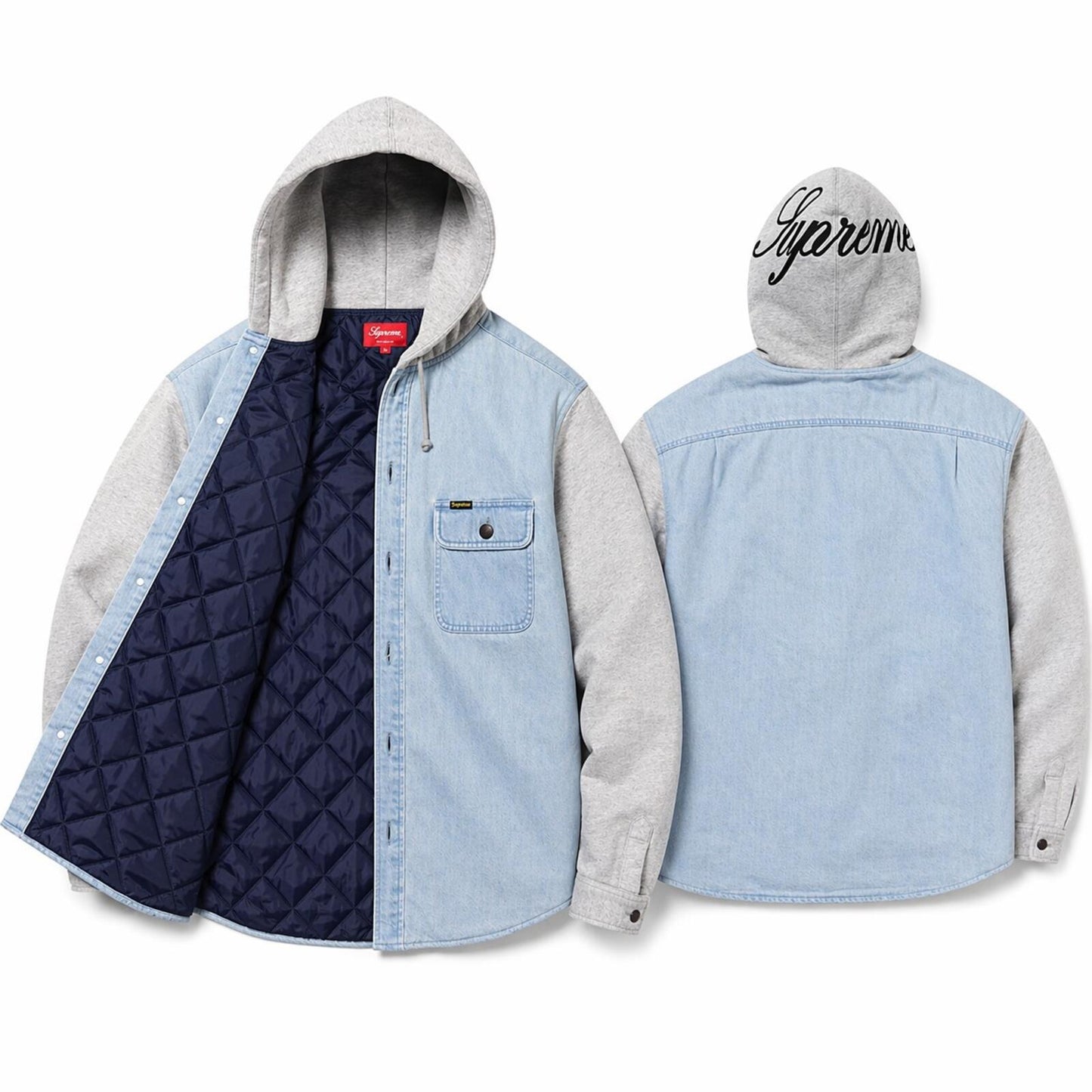 FW22 Supreme Fleece Hooded Denim Shirt Blue Size S