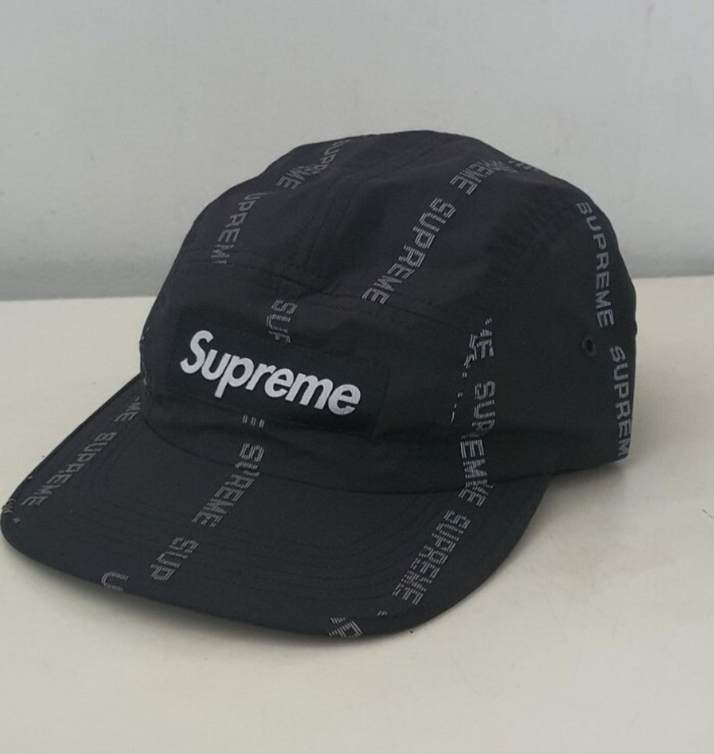 FW18 Supreme reflective text camp cap black hat water resistant jacquard logo