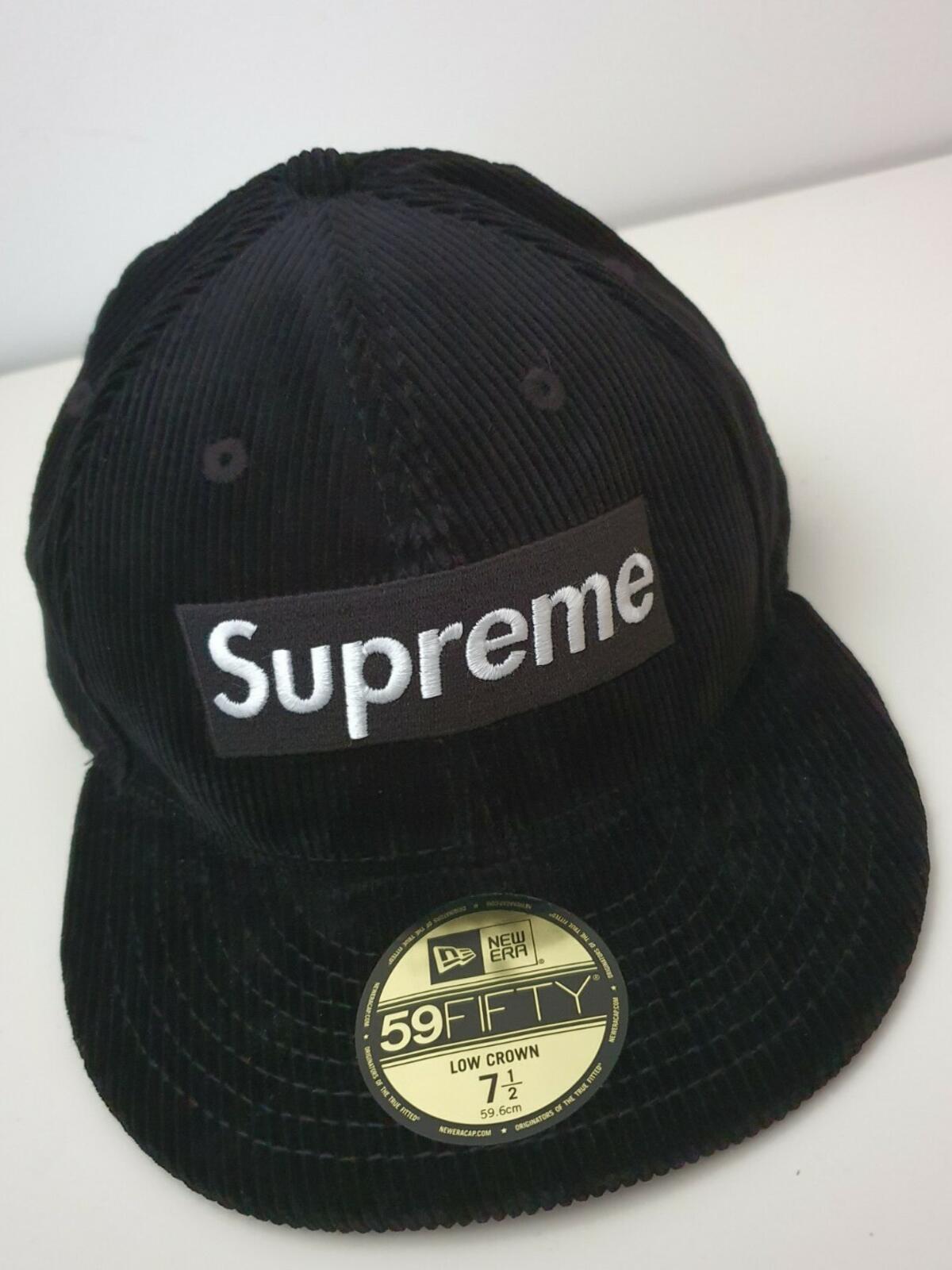 FW15 Supreme Box Logo 59Fifty New Era Corduroy Black hat Size 7 1/2