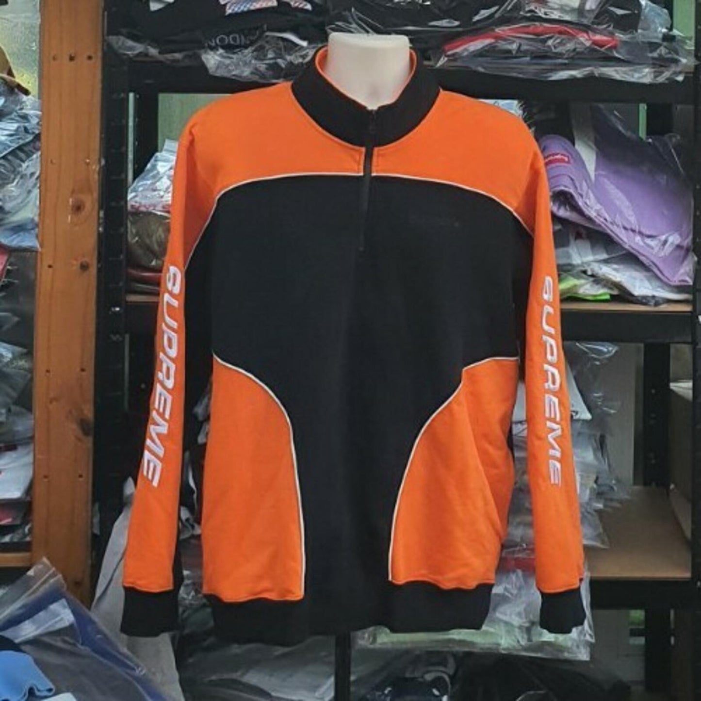 FW18 Supreme Sweatshirt Half-zip Speedway Black / Orange Crewneck size L large