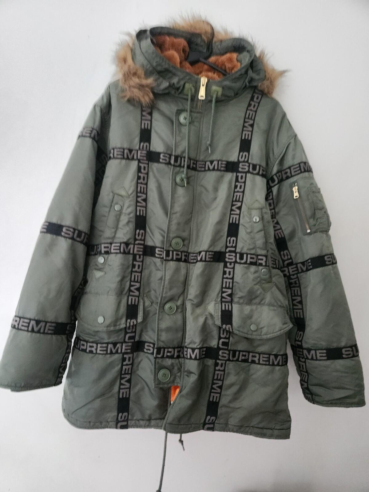 FW18 Supreme Logo Tape N-3B Parka UVP 378 $ Größe L Große Jacke olivefarbener Mantel grün