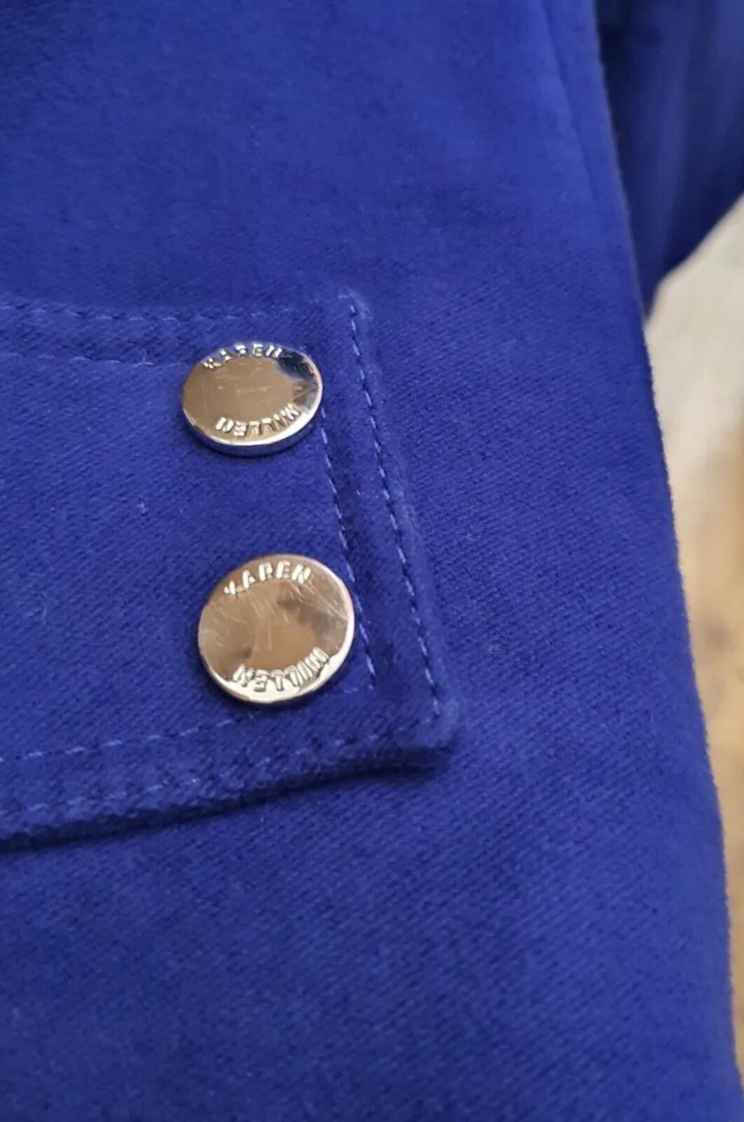 KAREN MILLEN Moleskin Mantel mit silbernen Metallapplikationen, Blau, Größe DE 36, UVP £210