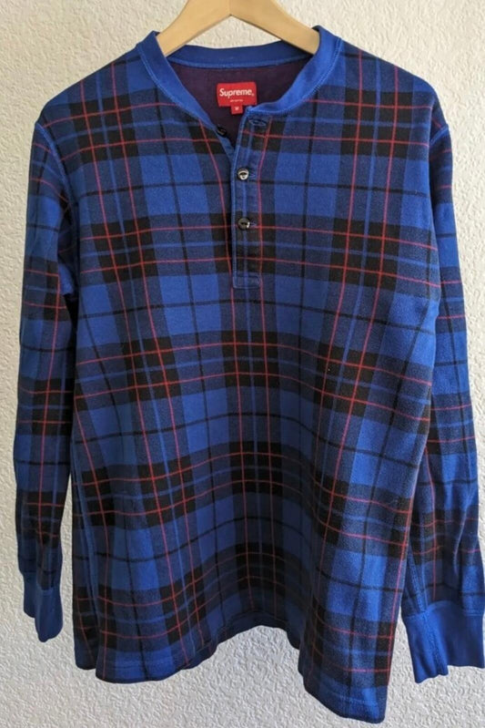 FW14 Supreme Tartan Henley manga larga talla M mediano Top de cuadros azul Royal