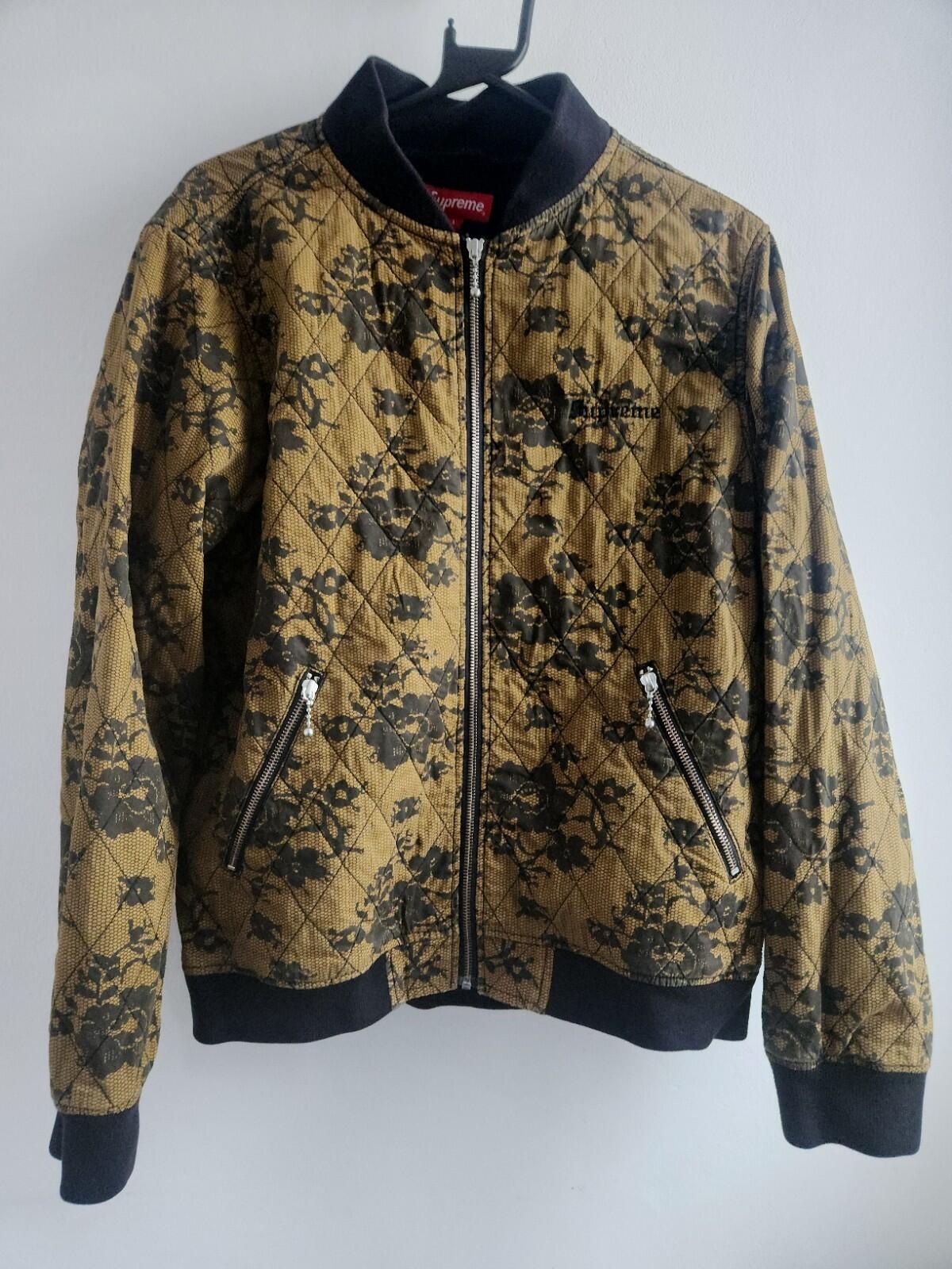 SS17 Supreme Quilted Lace Bomber Jacket Dark Gold Floral Lining Embroidered Logo