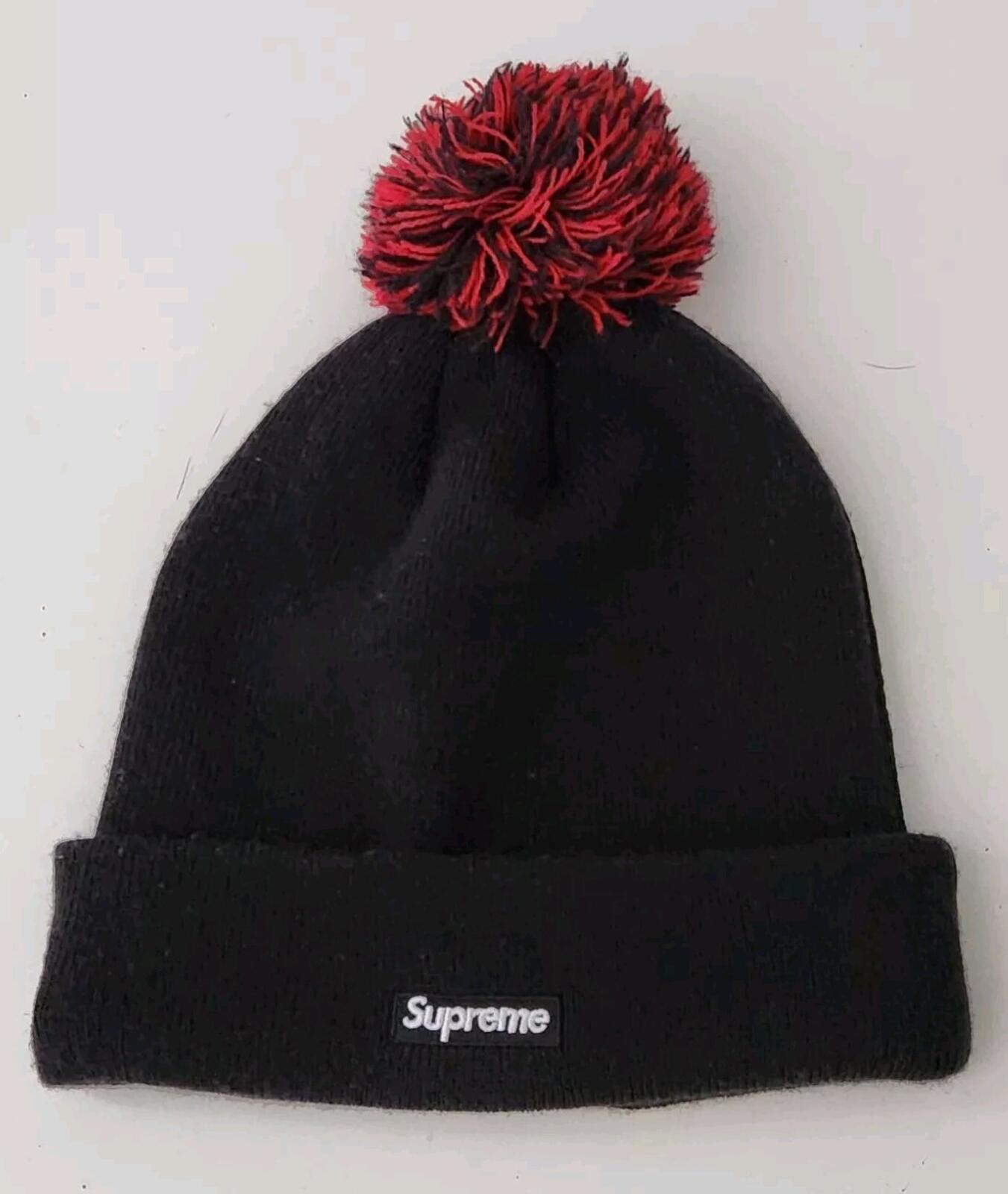 FW17 Supreme x New Era Snake Script beanie Black Red Small Box Logo Hat