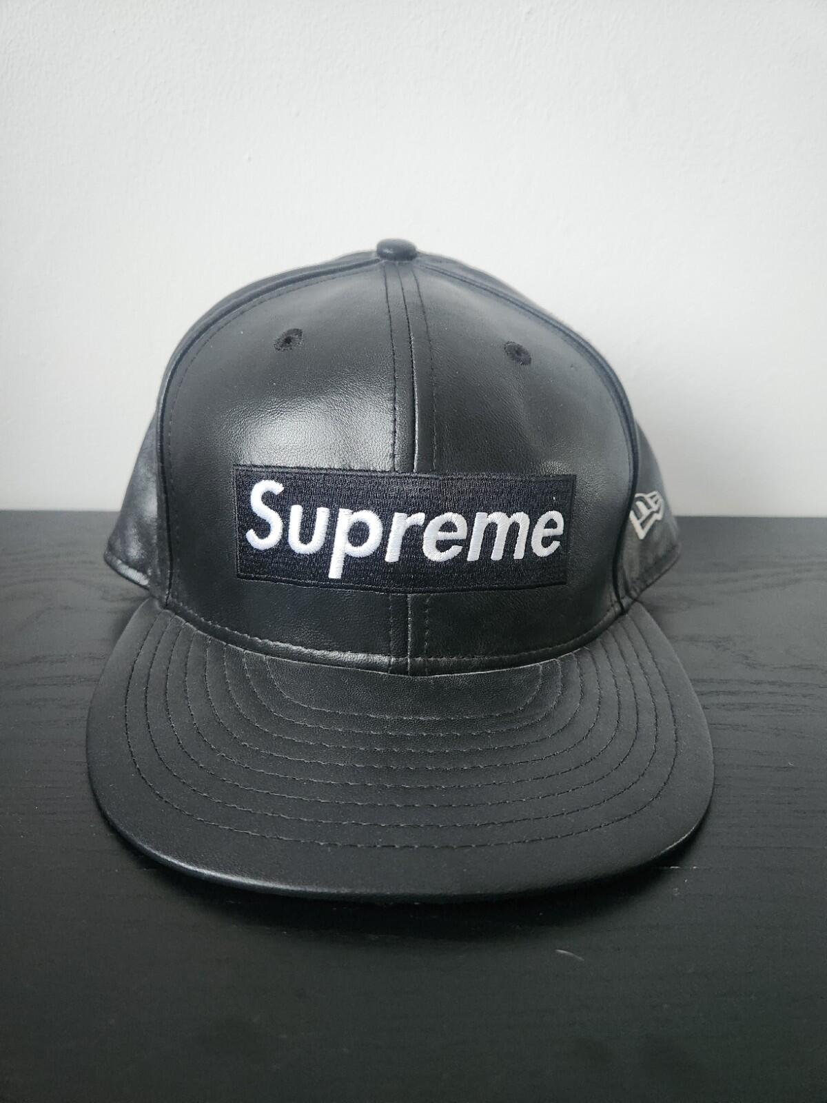 FW15 Supreme Leather Box Logo New Era Hat Black Cap size 7 3/8 Vintage 2015