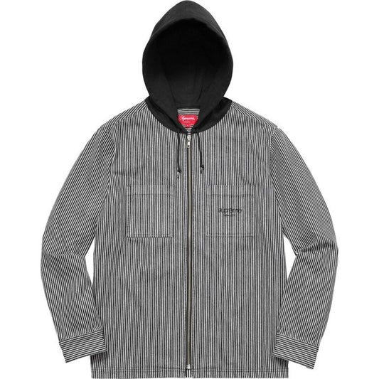 SS17 Supreme Hooded Stripe Denim Zip Up Shirt Black Size M