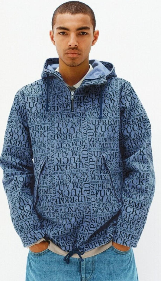 FW15 Supreme F UCK EM ALL Denim Hooded Pullover Blue Size S