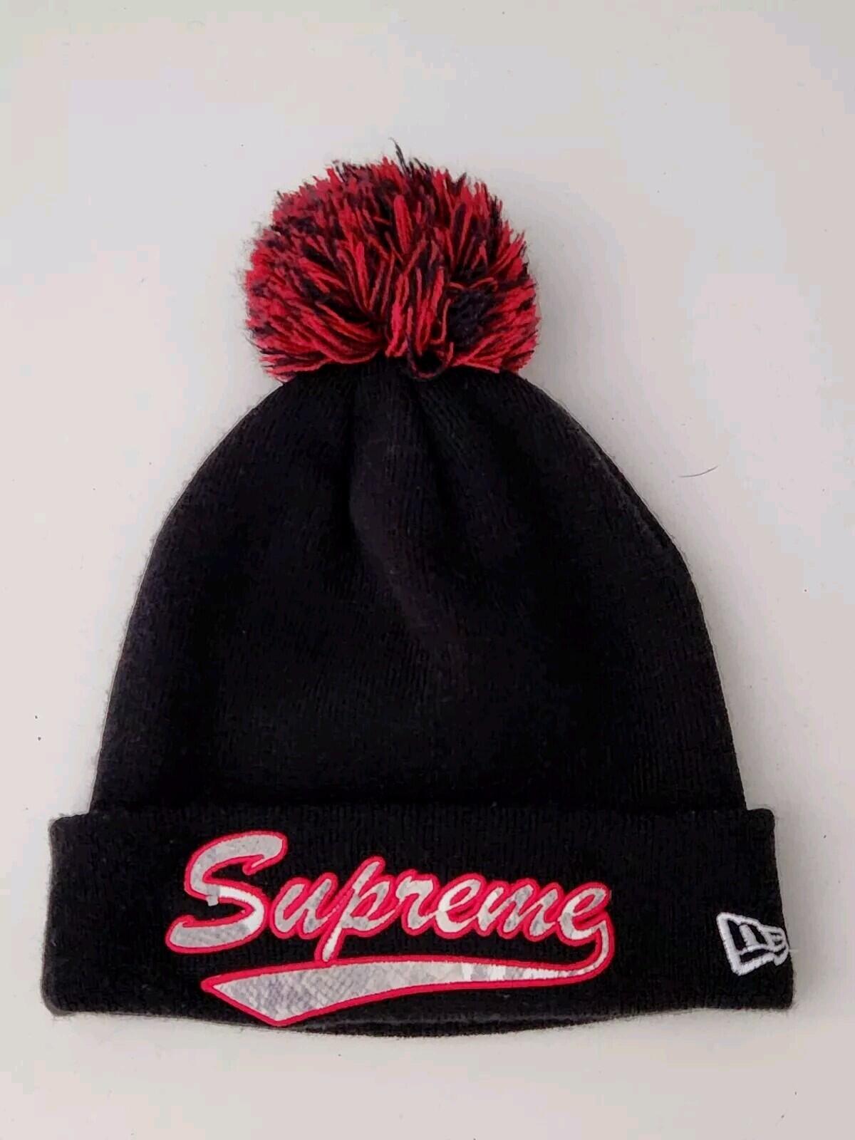 FW17 Supreme x New Era Snake Script beanie Black Red Small Box Logo Hat