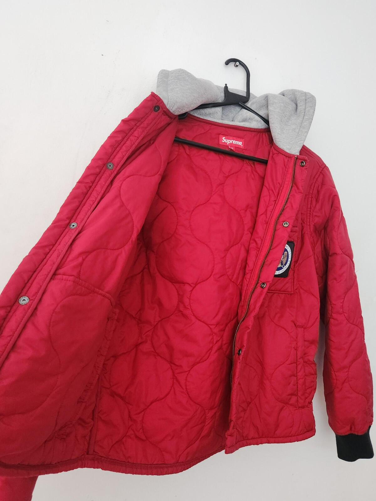 FW17 Supreme Quilted Liner Hooded Jacket M medium red I pledge allegiance coat