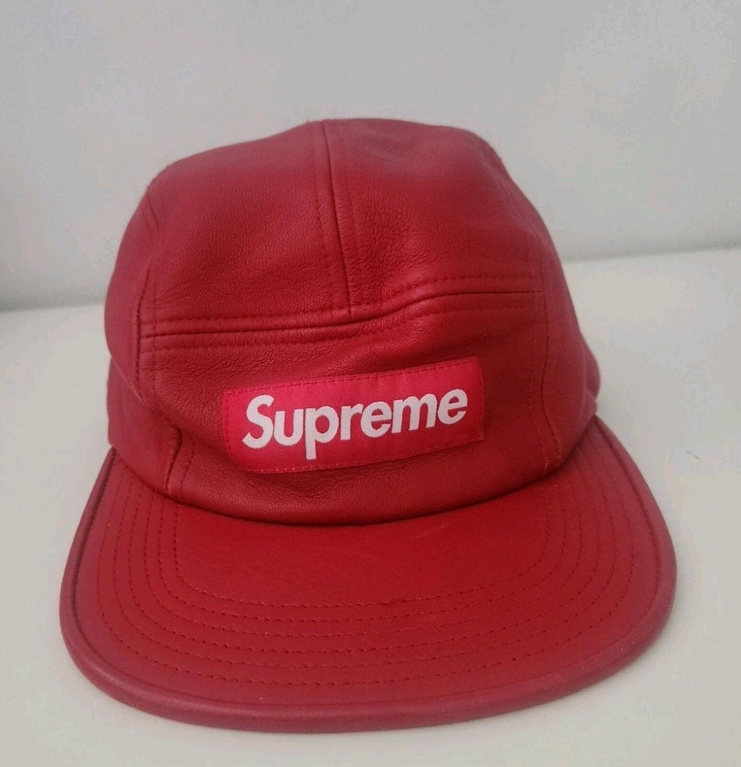 FW16 Supreme Leather Camp Cap Red
